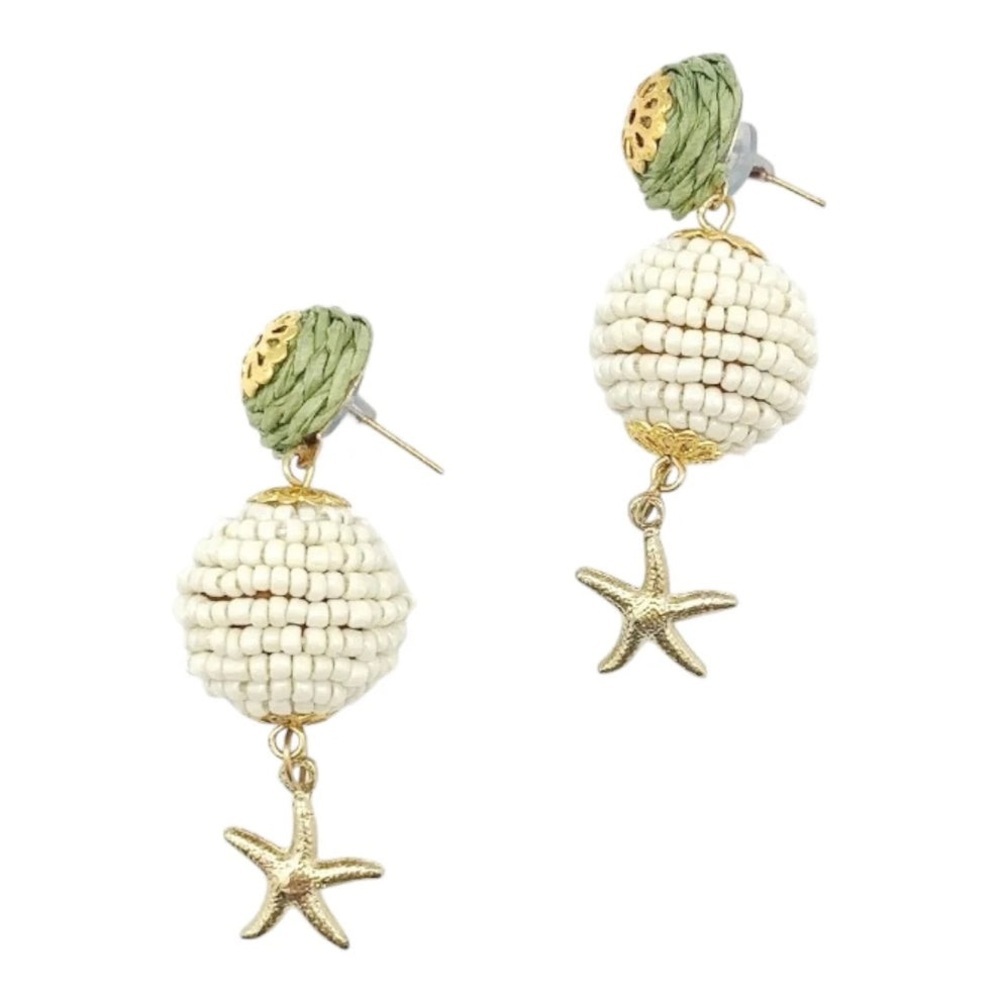 Handmade Raffia, Cotton, Bead and Wood Earrings with Gold Star Fish design